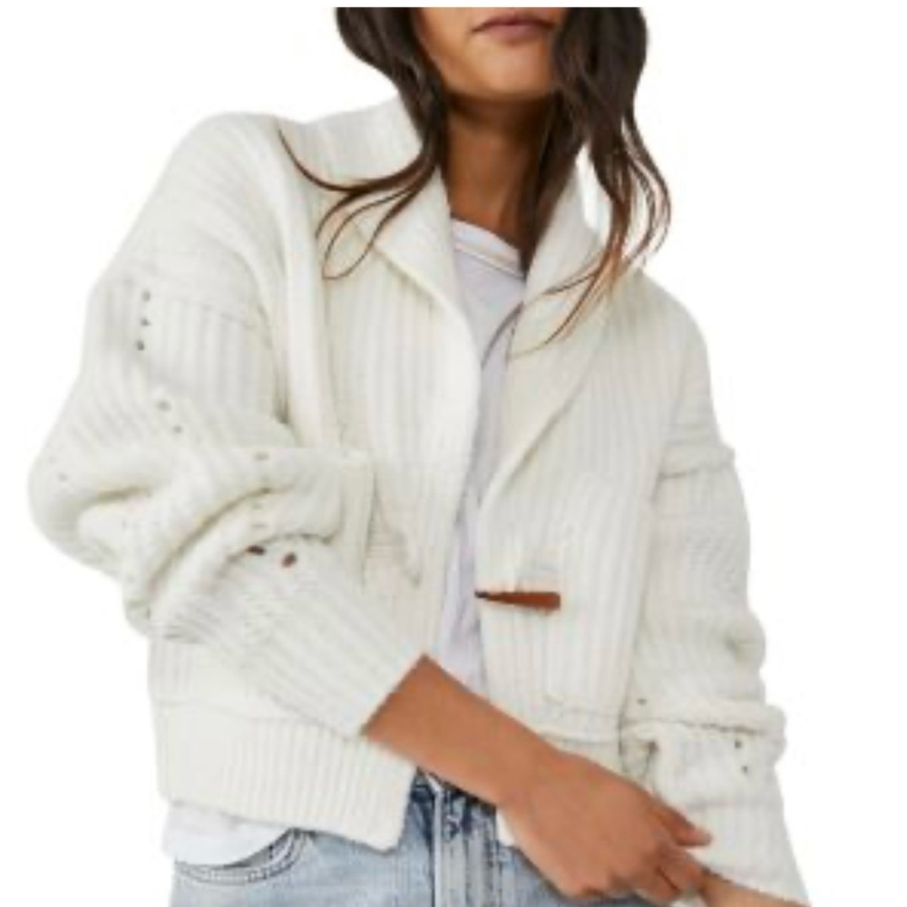 Free People white chunky ribbed knit cardigan with shawl collar and relaxed fit
